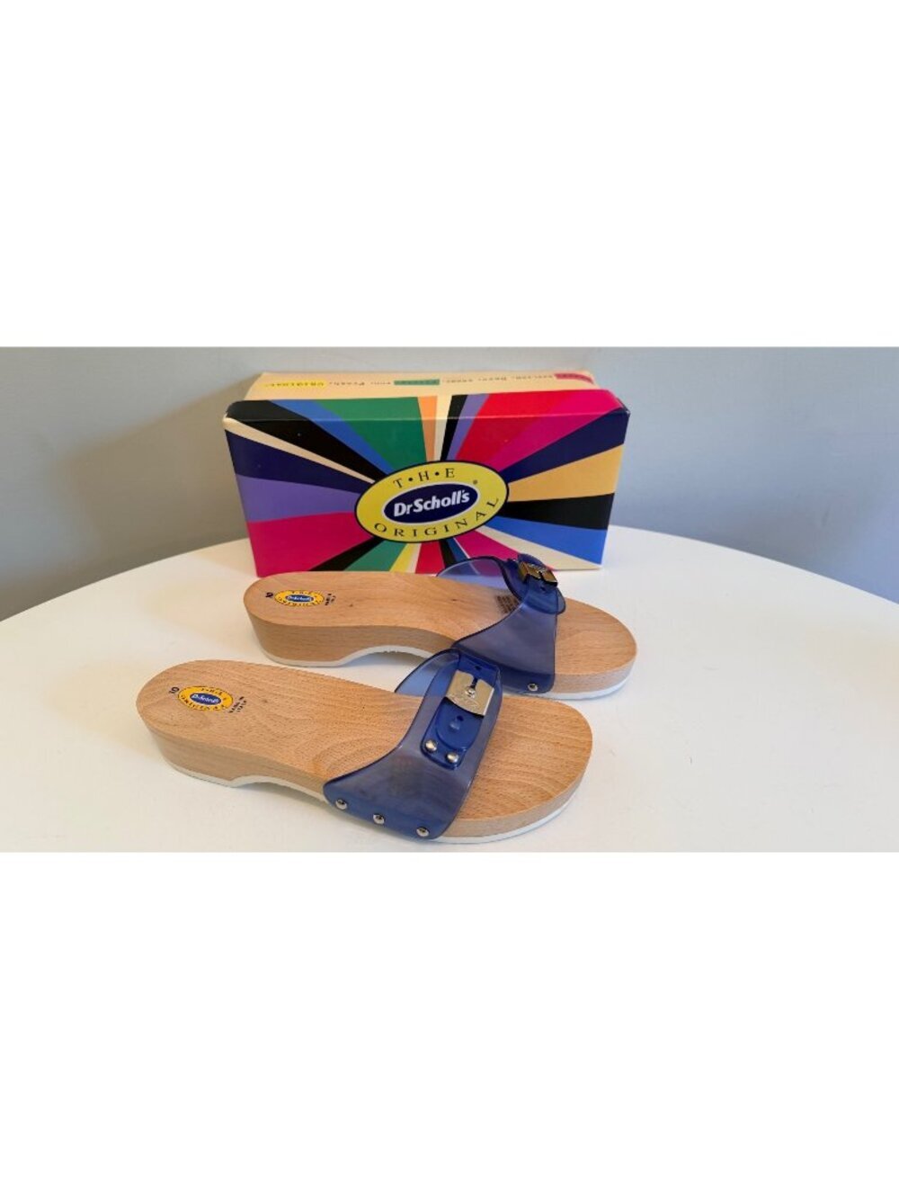 Dr Scholls Women Size 10 Wood Exercise Clog Sandal Blue Vinyl Slide Shoe New